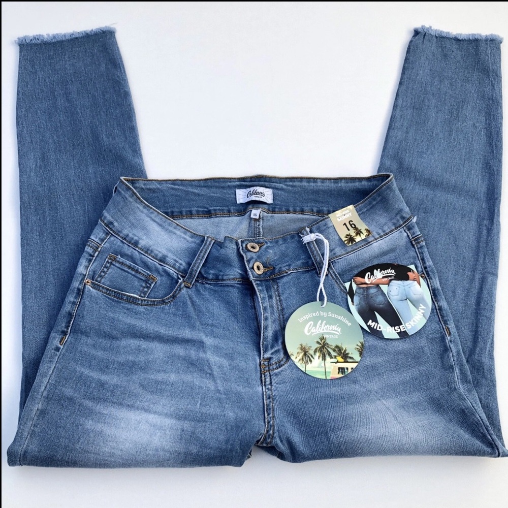 California Vintage Jeans Mid Rise Skinny Stretch Size 16 Raw Hem New